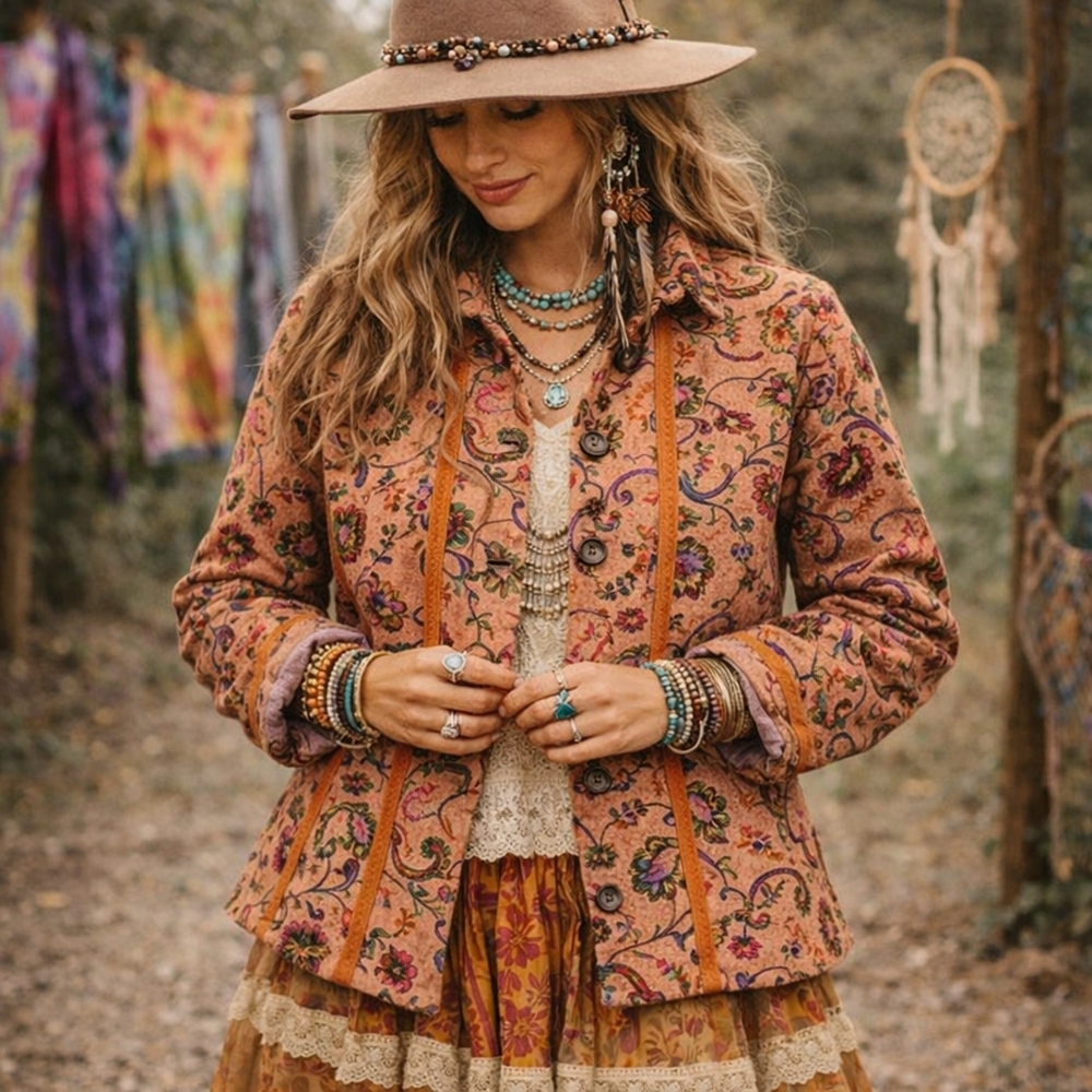 Boho Paisley Jacket | Mandarin Collar | Orange Floral Button Up | Lightweight